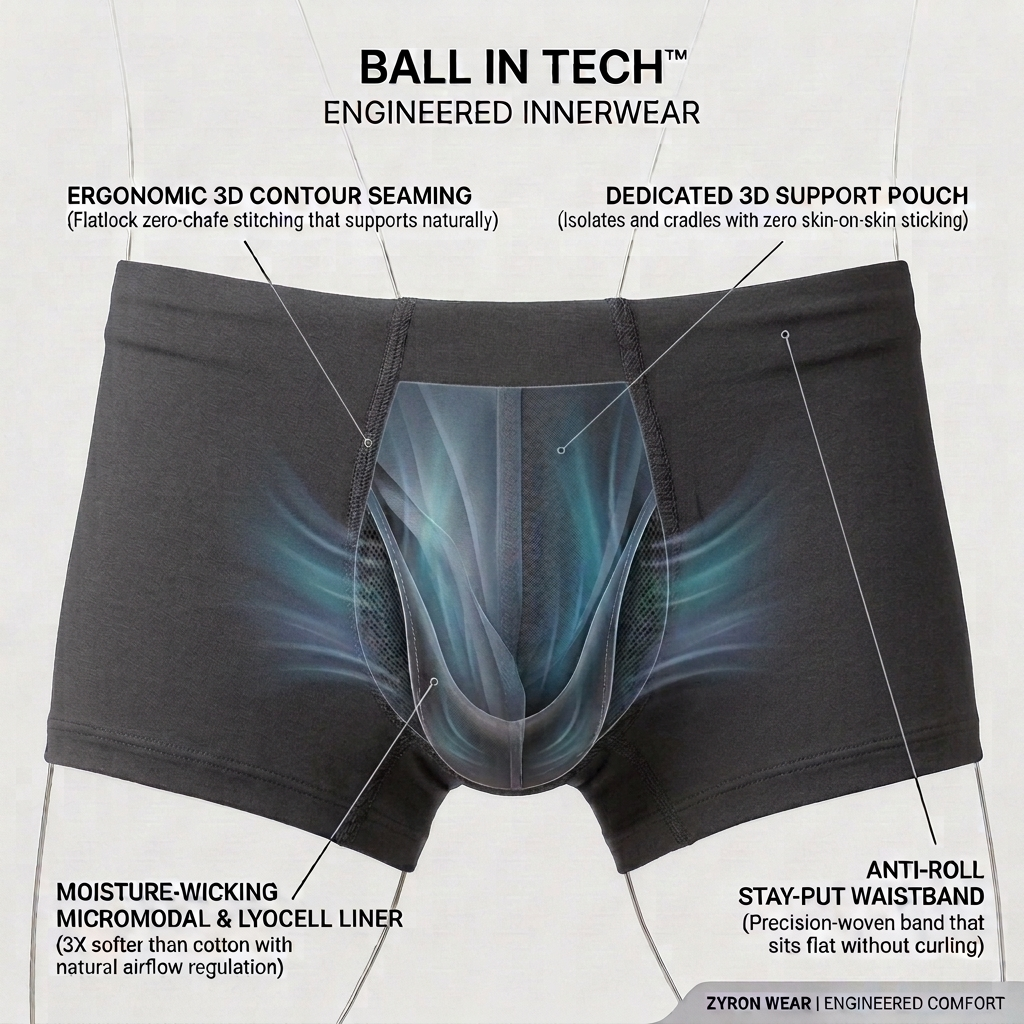 Zyron Wear Ball-In Tech and Anti-Chafing Feature Diagram