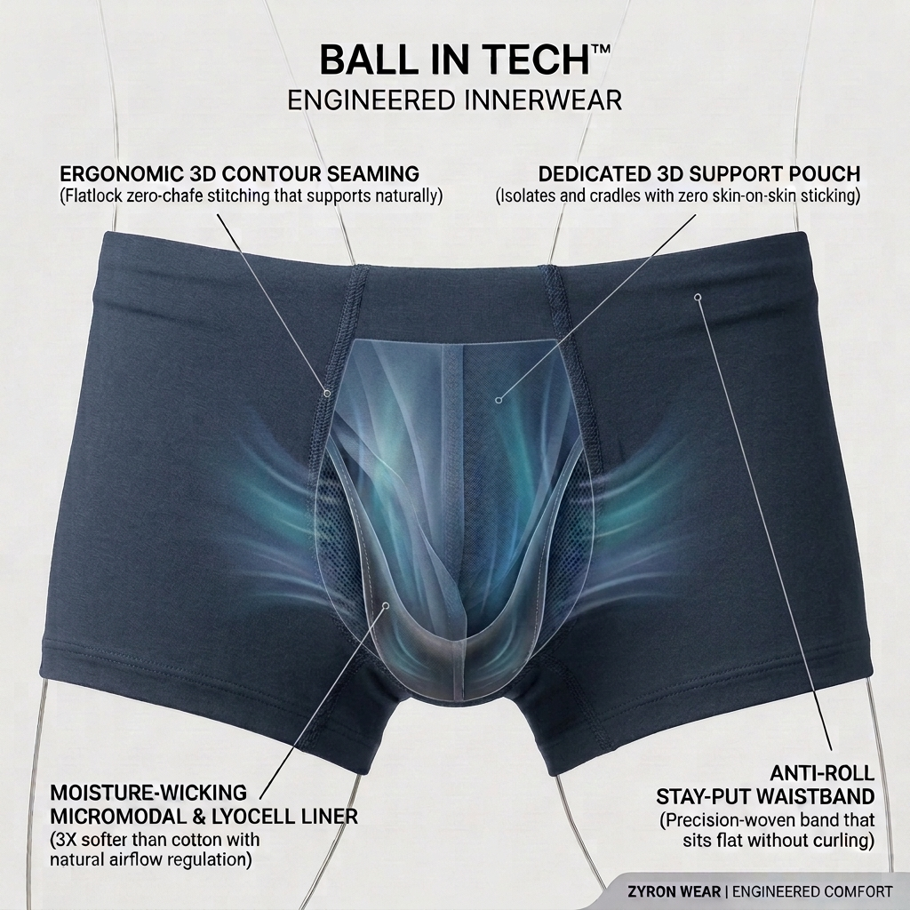 Zyron Wear Ball-In Tech and Anti-Chafing Feature Diagram