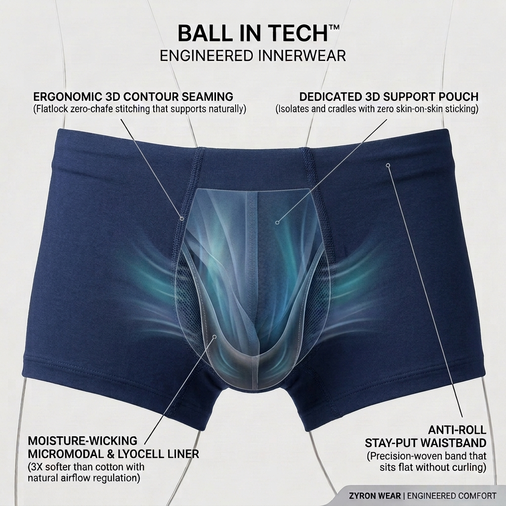 Zyron Wear Ball-In Tech and Anti-Chafing Feature Diagram